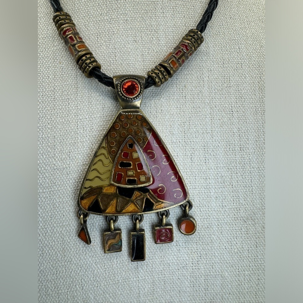 Chico’s Boho Tribal Enamel Antiqued Gold Black Braided Leather Chain Necklace - Picture 2 of 6